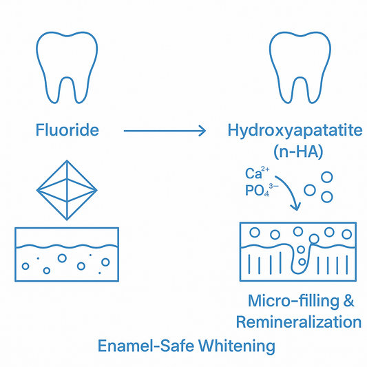 Hydroxyapatite vs fluoride—two paths to enamel remineralization (schematic)
